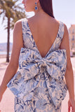 Pink Green Jacquard Bodycon Bateau Neck Floral Homecoming Dress with Large Bow