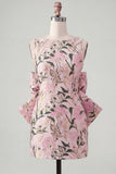 Pink Green Jacquard Bodycon Bateau Neck Floral Homecoming Dress with Large Bow