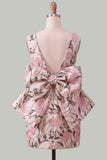 Pink Green Jacquard Bodycon Bateau Neck Floral Homecoming Dress with Large Bow