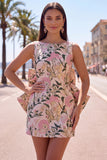 Pink Green Jacquard Bodycon Bateau Neck Floral Homecoming Dress with Large Bow