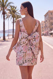 Pink Green Jacquard Bodycon Bateau Neck Floral Homecoming Dress with Large Bow