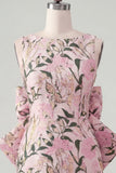 Pink Green Jacquard Bodycon Bateau Neck Floral Homecoming Dress with Large Bow