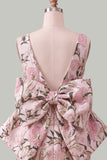 Pink Green Jacquard Bodycon Bateau Neck Floral Homecoming Dress with Large Bow