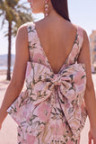 Pink Green Jacquard Bodycon Bateau Neck Floral Homecoming Dress with Large Bow