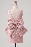 Pink Green Jacquard Bodycon Bateau Neck Floral Homecoming Dress with Large Bow