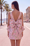 Pink Green Jacquard Bodycon Bateau Neck Floral Homecoming Dress with Large Bow