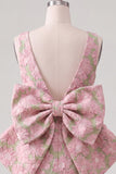 Pink Green Jacquard Bodycon Bateau Neck Floral Homecoming Dress with Large Bow
