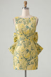 Pink Green Jacquard Bodycon Bateau Neck Floral Homecoming Dress with Large Bow