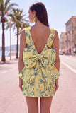 Pink Green Jacquard Bodycon Bateau Neck Floral Homecoming Dress with Large Bow
