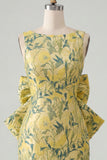 Pink Green Jacquard Bodycon Bateau Neck Floral Homecoming Dress with Large Bow