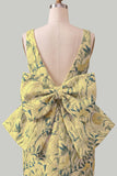 Pink Green Jacquard Bodycon Bateau Neck Floral Homecoming Dress with Large Bow