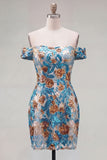 Sparkly Blue Flower Off the Shoulder Bodycon Sequins Short Homecoming Dress