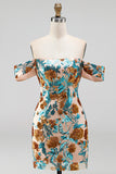 Sparkly Blue Flower Off the Shoulder Bodycon Sequins Short Homecoming Dress