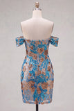 Sparkly Blue Flower Off the Shoulder Bodycon Sequins Short Homecoming Dress