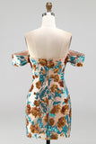 Sparkly Blue Flower Off the Shoulder Bodycon Sequins Short Homecoming Dress