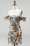 Sparkly Blue Flower Off the Shoulder Bodycon Sequins Short Homecoming Dress