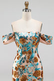 Sparkly Blue Flower Off the Shoulder Bodycon Sequins Short Homecoming Dress