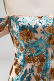 Sparkly Blue Flower Off the Shoulder Bodycon Sequins Short Homecoming Dress