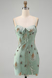 Green Bodycon Sequin Beaded Short Pearl Homecoming Dress with Lace Up Back