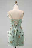 Green Bodycon Sequin Beaded Short Pearl Homecoming Dress with Lace Up Back