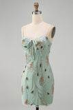 Green Bodycon Sequin Beaded Short Pearl Homecoming Dress with Lace Up Back