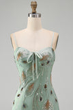 Green Bodycon Sequin Beaded Short Pearl Homecoming Dress with Lace Up Back