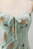 Green Bodycon Sequin Beaded Short Pearl Homecoming Dress with Lace Up Back