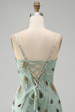 Green Bodycon Sequin Beaded Short Pearl Homecoming Dress with Lace Up Back