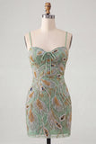 Sage Green Spaghetti Straps Bodycon Beaded Floral Short Homecoming Dress with Lace Up Back