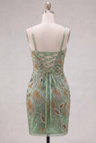 Sage Green Spaghetti Straps Bodycon Beaded Floral Short Homecoming Dress with Lace Up Back