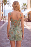 Sage Green Spaghetti Straps Bodycon Beaded Floral Short Homecoming Dress with Lace Up Back