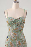 Sage Green Spaghetti Straps Bodycon Beaded Floral Short Homecoming Dress with Lace Up Back