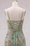 Sage Green Spaghetti Straps Bodycon Beaded Floral Short Homecoming Dress with Lace Up Back