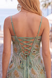Sage Green Spaghetti Straps Bodycon Beaded Floral Short Homecoming Dress with Lace Up Back