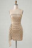 Strapless Champagne Black Dot Bodycon Sequins Short Homecoming Dress with Sash