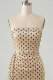 Strapless Champagne Black Dot Bodycon Sequins Short Homecoming Dress with Sash