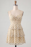 A-Line Champagne Black Dot Sequins Tiered Keyhole Lace Up Back Short Homecoming Dress