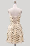 A-Line Champagne Black Dot Sequins Tiered Keyhole Lace Up Back Short Homecoming Dress