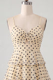 A-Line Champagne Black Dot Sequins Tiered Keyhole Lace Up Back Short Homecoming Dress