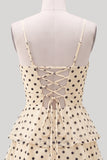 A-Line Champagne Black Dot Sequins Tiered Keyhole Lace Up Back Short Homecoming Dress