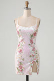 Sparkly White Floral Sequins Lace Up Back Short Homecoming Dress with Slit