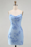 Yellow Bodycon Ruched Spaghetti Straps Floral Embroidery Homecoming Dress