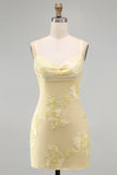 Yellow Bodycon Ruched Spaghetti Straps Floral Embroidery Homecoming Dress
