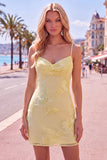Yellow Bodycon Ruched Spaghetti Straps Floral Embroidery Homecoming Dress