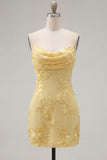 Yellow Bodycon Ruched Spaghetti Straps Floral Embroidery Homecoming Dress