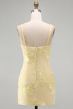 Yellow Bodycon Ruched Spaghetti Straps Floral Embroidery Homecoming Dress
