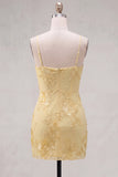 Yellow Bodycon Ruched Spaghetti Straps Floral Embroidery Homecoming Dress