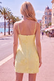 Yellow Bodycon Ruched Spaghetti Straps Floral Embroidery Homecoming Dress