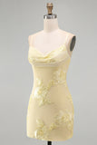 Yellow Bodycon Ruched Spaghetti Straps Floral Embroidery Homecoming Dress