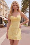 Yellow Bodycon Ruched Spaghetti Straps Floral Embroidery Homecoming Dress